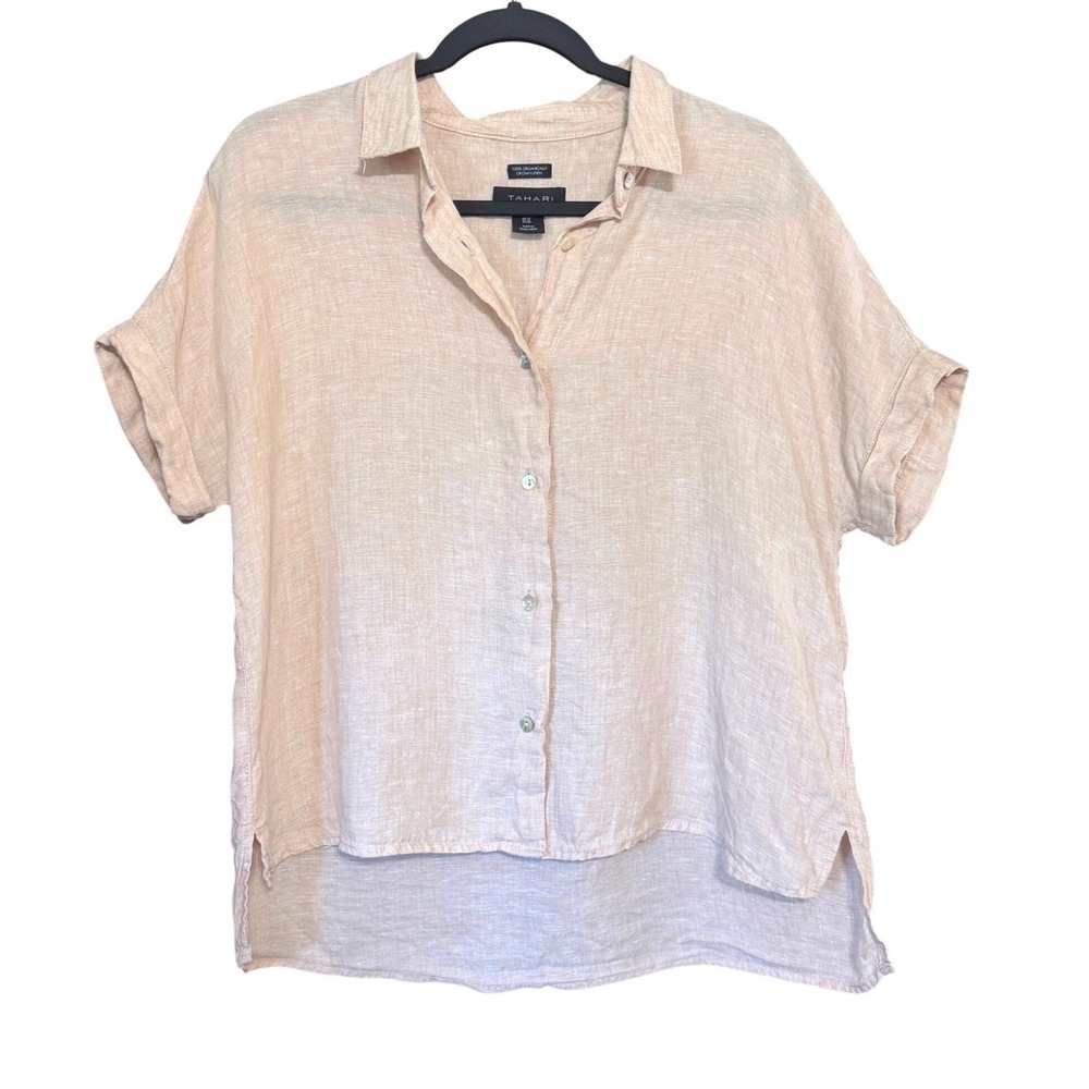 Tahari Tan Beige 100% Organic Linen Short Sleeve Button Down Shirt Medium